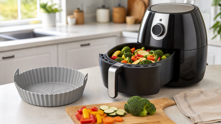 A silicone air fryer liner beside an air fryer basket in a clean home kitchen.
