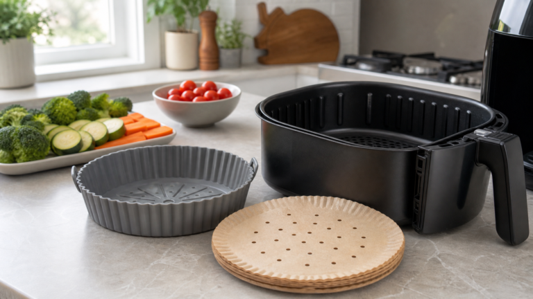 Silicone and parchment air fryer liners beside an air fryer basket