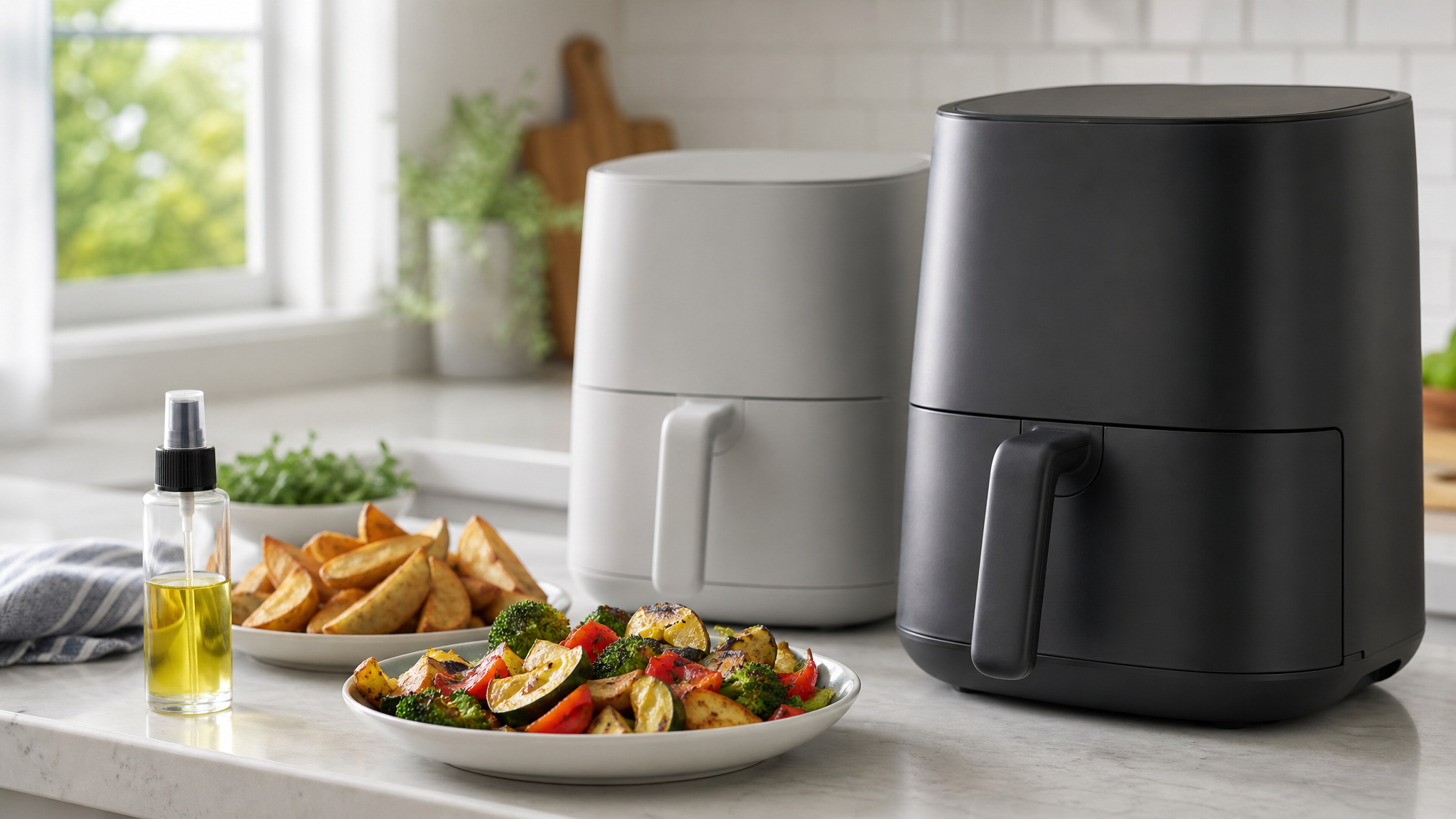 Air fryers and low-oil foods in a bright home kitchen