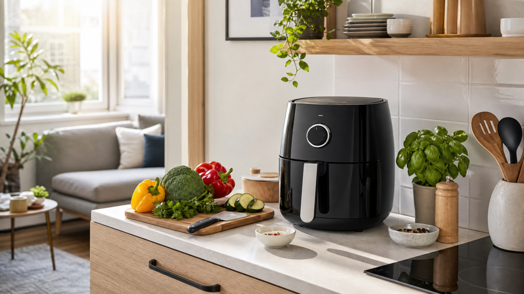 Compact air fryer on a small apartment kitchen counter