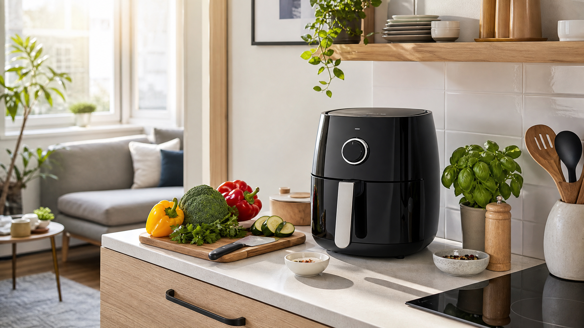 Compact air fryer on a small apartment kitchen counter