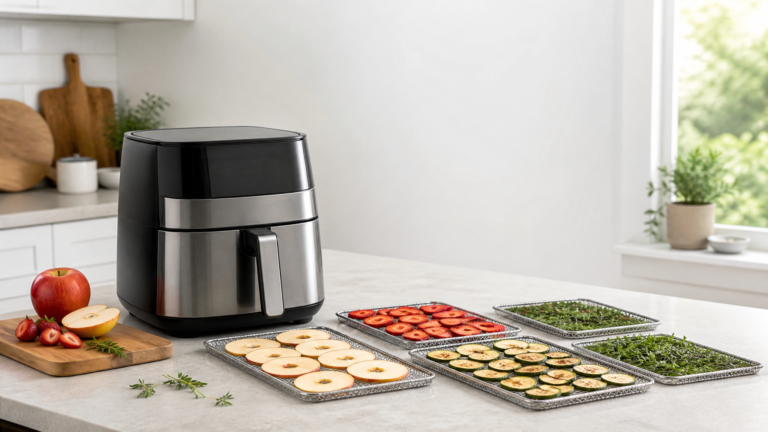 Air fryers with dehydrator function for fruit, herbs, and healthy snacks