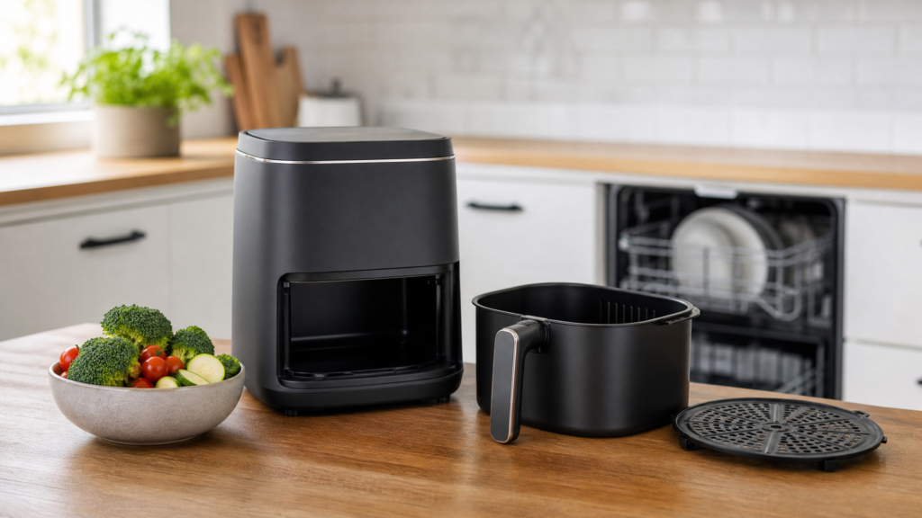 Dishwasher-safe air fryer with removable basket and crisper plate in a clean kitchen