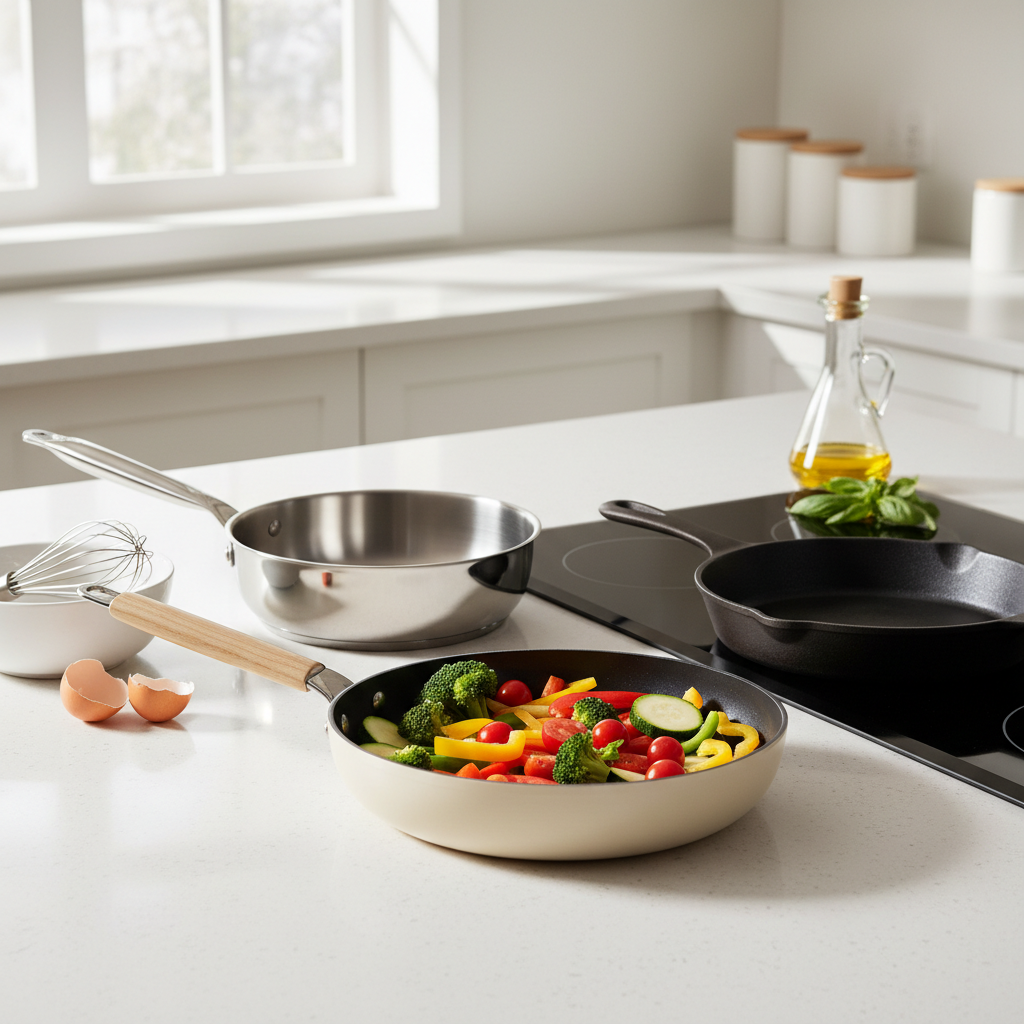 Three frying pans in a bright modern kitchen with healthy ingredients