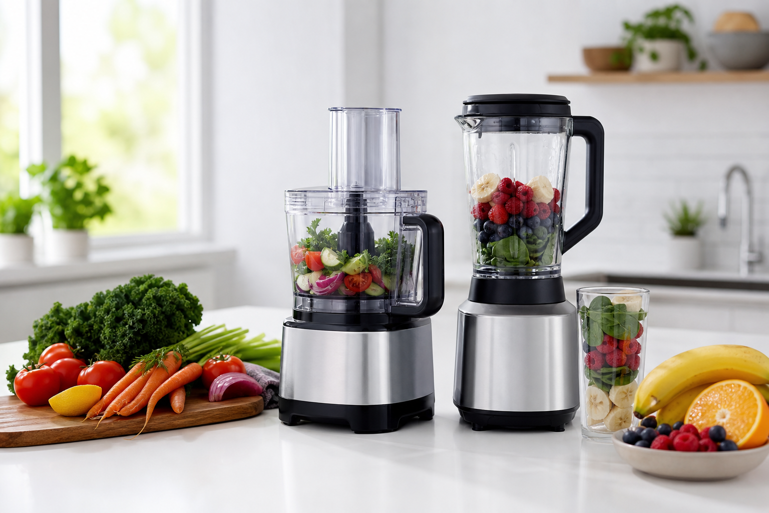 Food processor and blender side by side in a bright kitchen