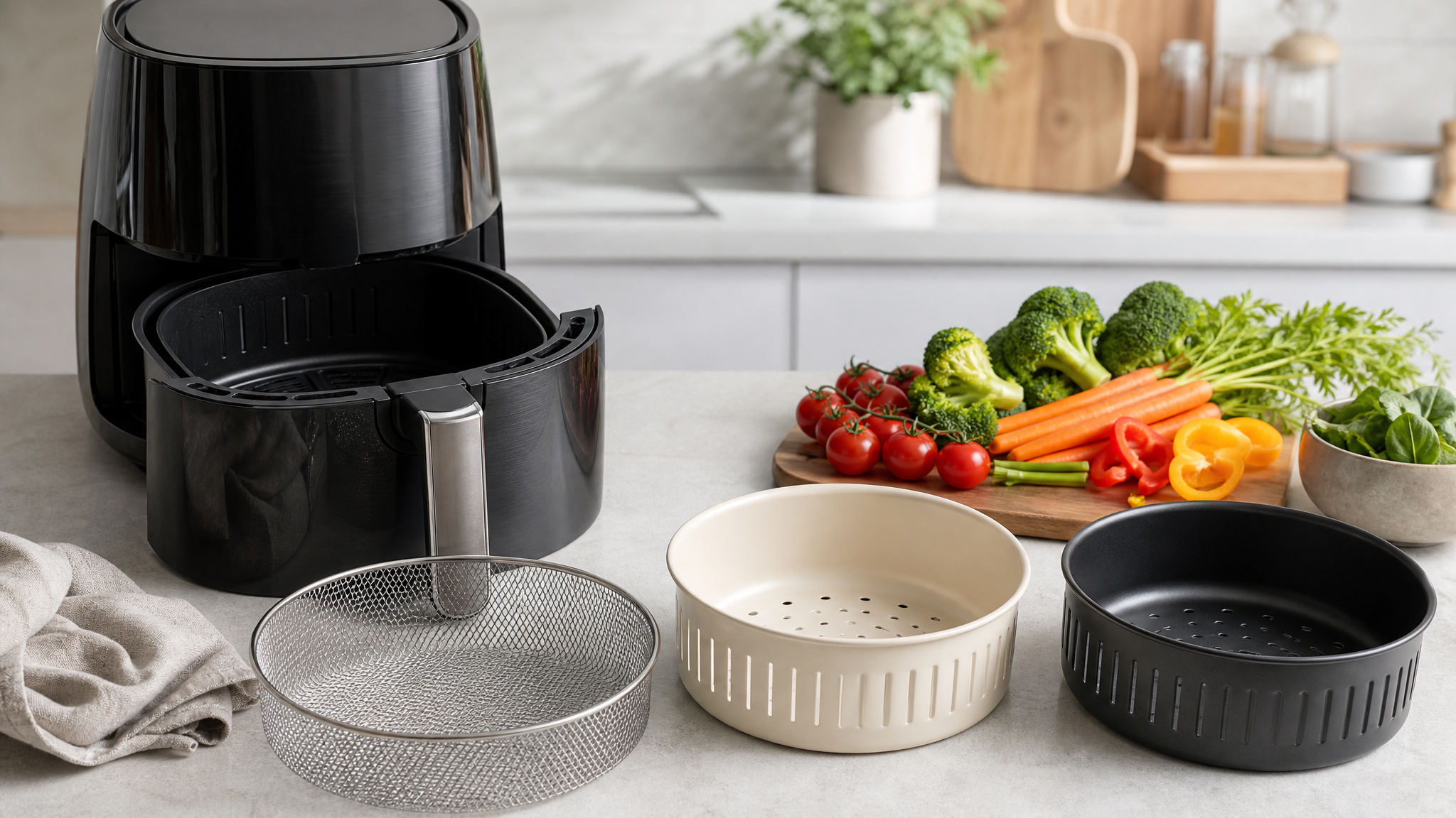 Air fryer basket material options compared on a clean healthy kitchen counter.