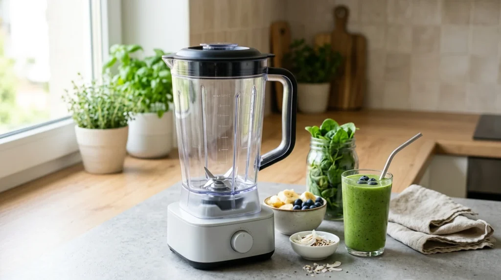 A clear plastic blender jar in a healthy kitchen setting.