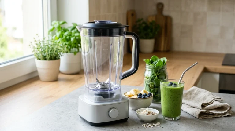 A clear plastic blender jar in a healthy kitchen setting.