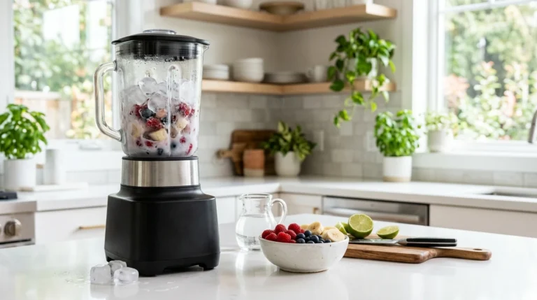High-powered blender crushing ice for frozen smoothies
