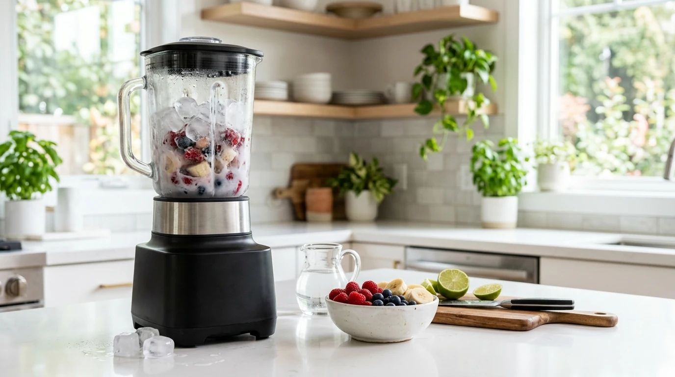 High-powered blender crushing ice for frozen smoothies