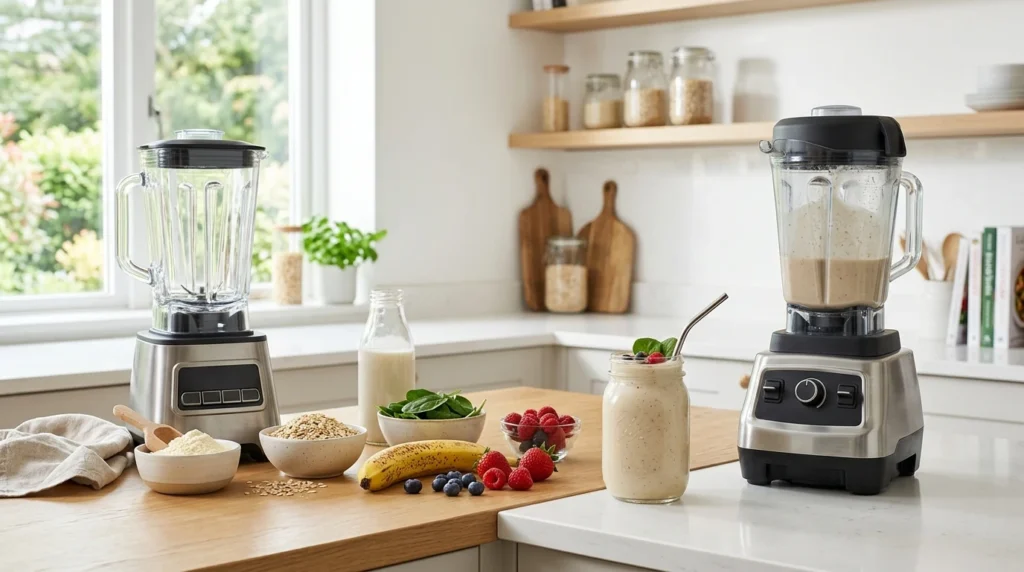 Blenders and ingredients for smoother meal replacement shakes at home.
