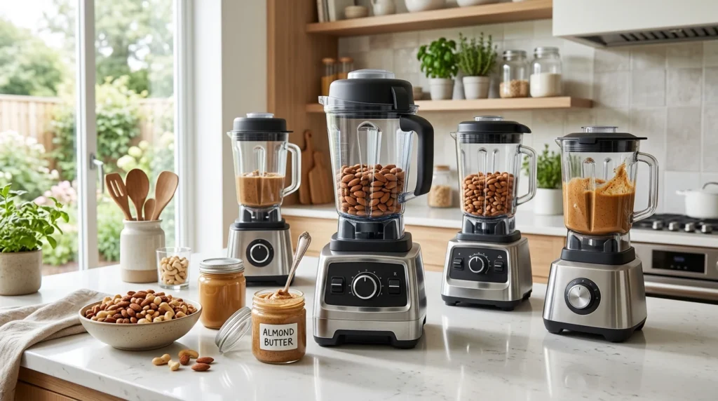 Blenders on a bright kitchen counter with nuts and a jar of nut butter