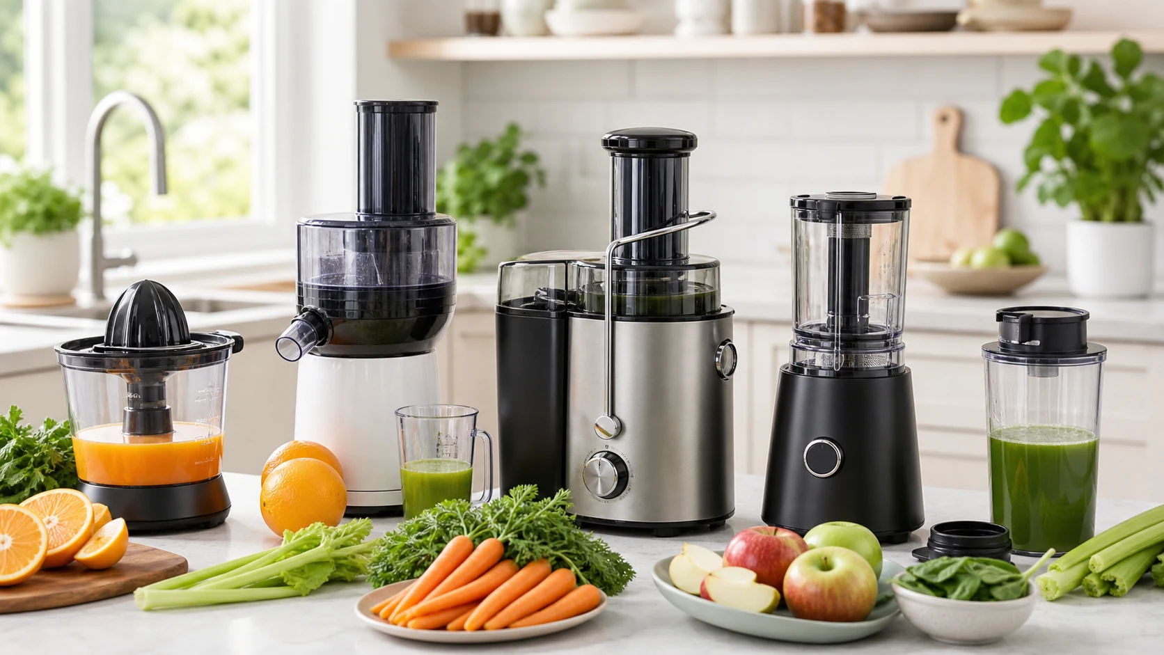 Best budget juicers on a bright kitchen counter with fresh produce