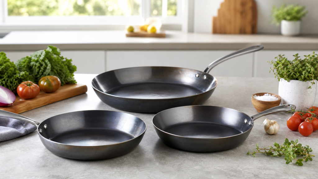 Carbon steel pans arranged in a bright modern kitchen
