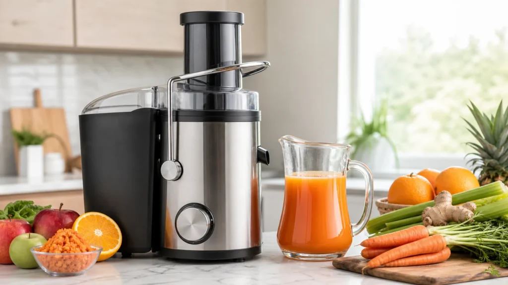 A centrifugal juicer setup for fast fresh juice at home.