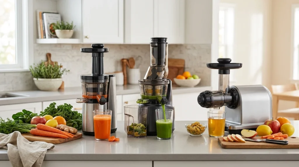 Cold press juicers with fresh produce on a bright kitchen counter