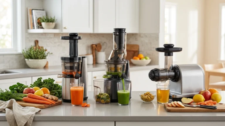 Cold press juicers with fresh produce on a bright kitchen counter