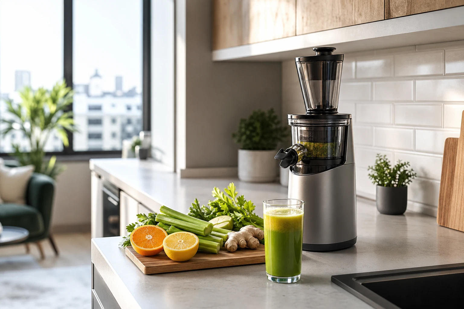 A compact juicer setup for fresh juice in a small modern kitchen.