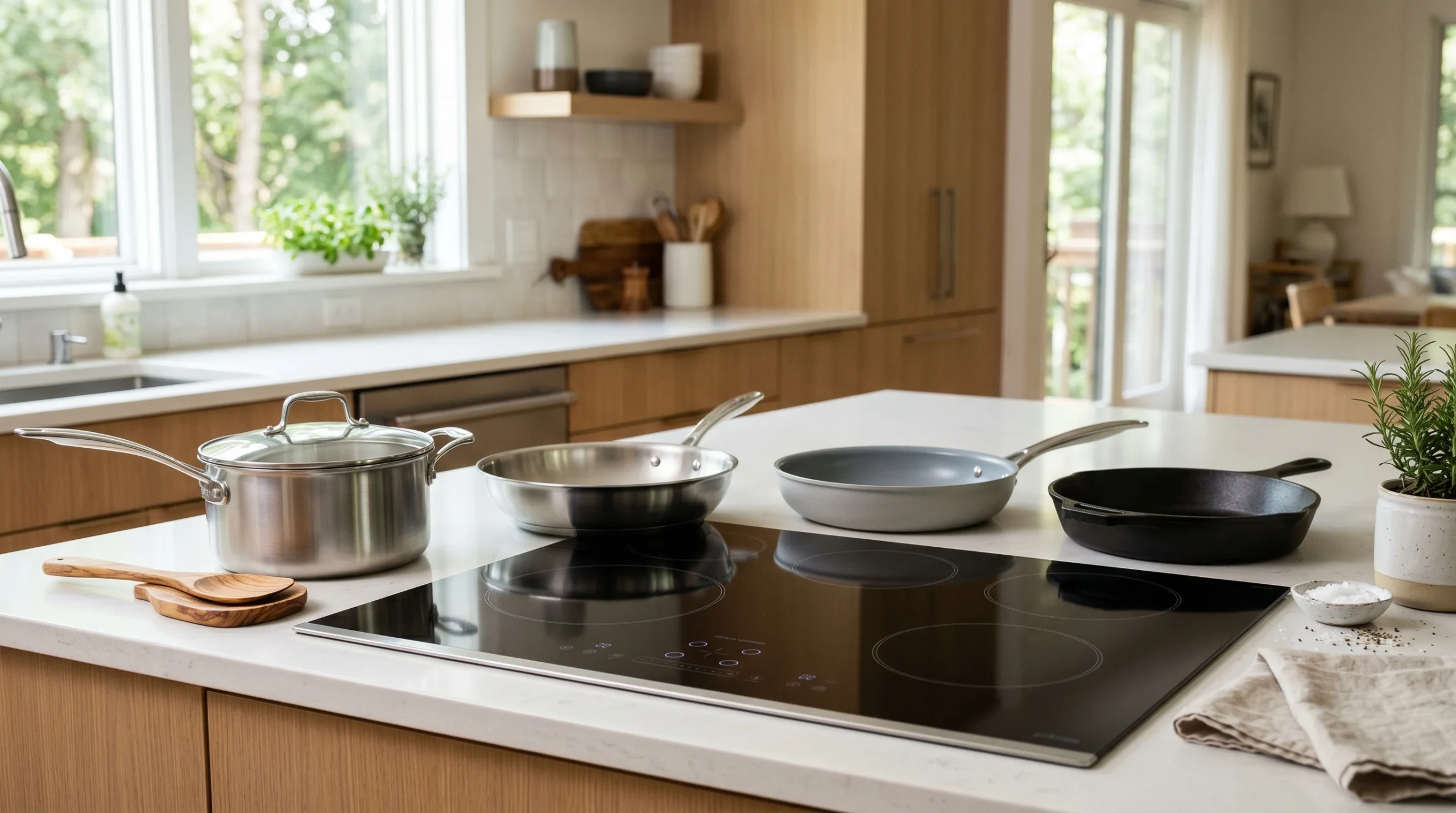 Induction-compatible cookware on a modern induction cooktop
