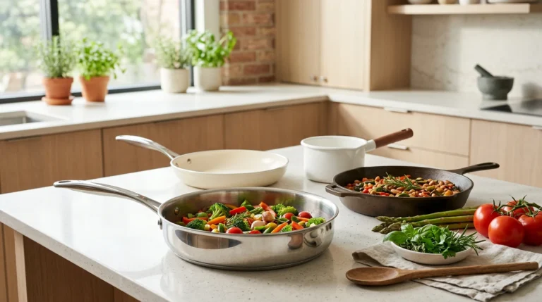 Cookware without Teflon options in a bright healthy kitchen