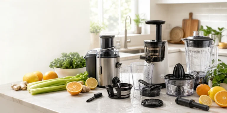 Easy-to-clean juicers and fresh produce arranged in a bright modern kitchen.