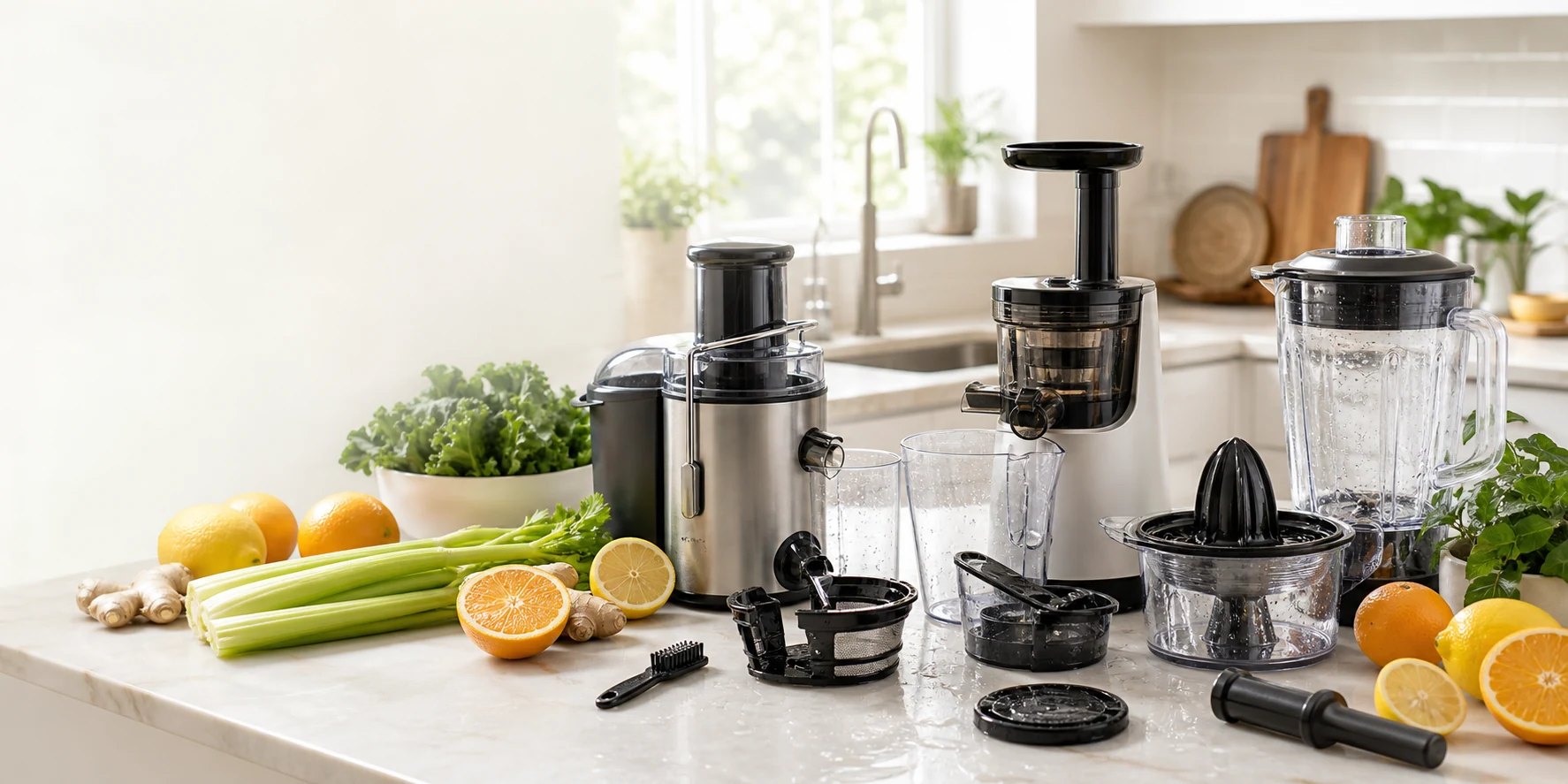 Easy-to-clean juicers and fresh produce arranged in a bright modern kitchen.