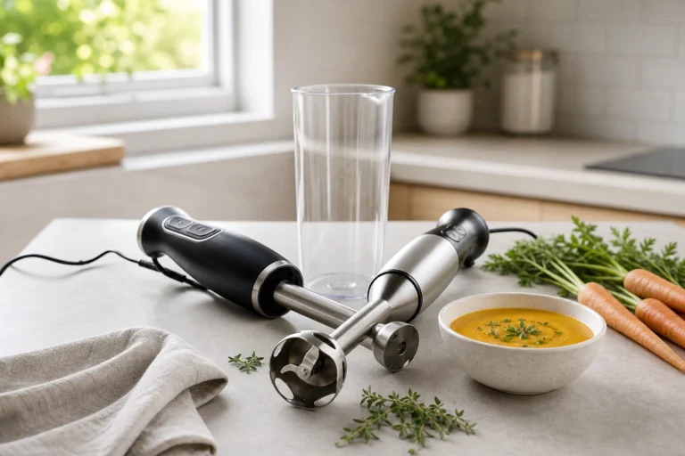 Immersion blenders on a bright kitchen counter beside soup and vegetables