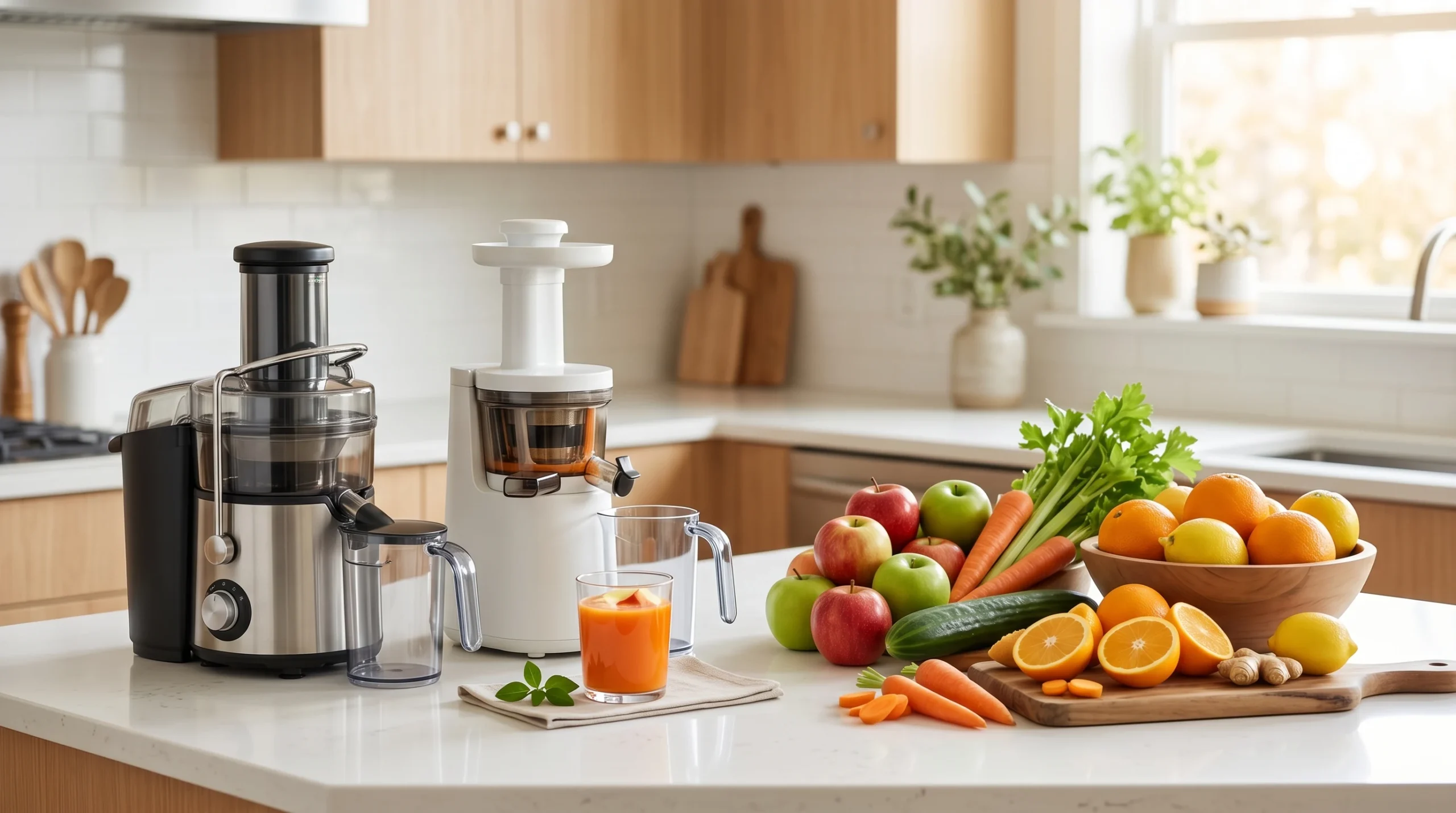 Beginner-friendly juicers and fresh produce on a bright kitchen counter.