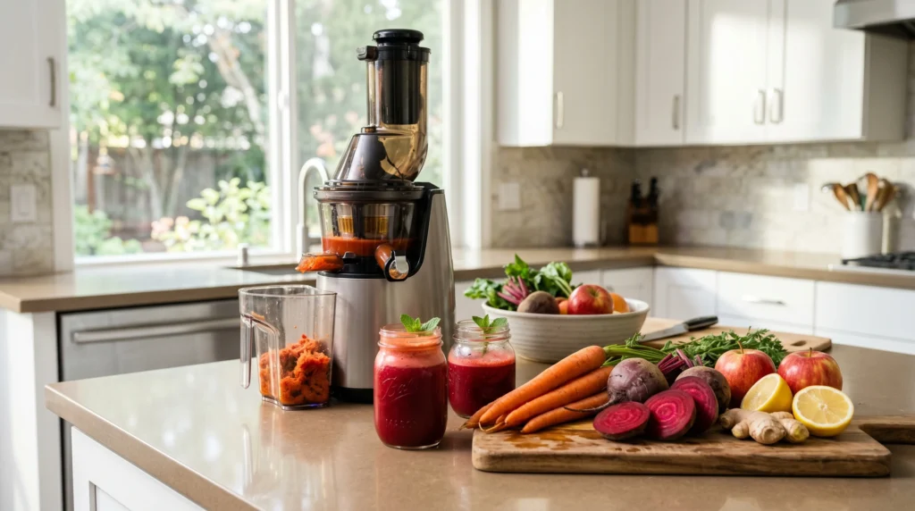 A slow juicer setup with carrots, beets, ginger, lemon, and fresh juice.
