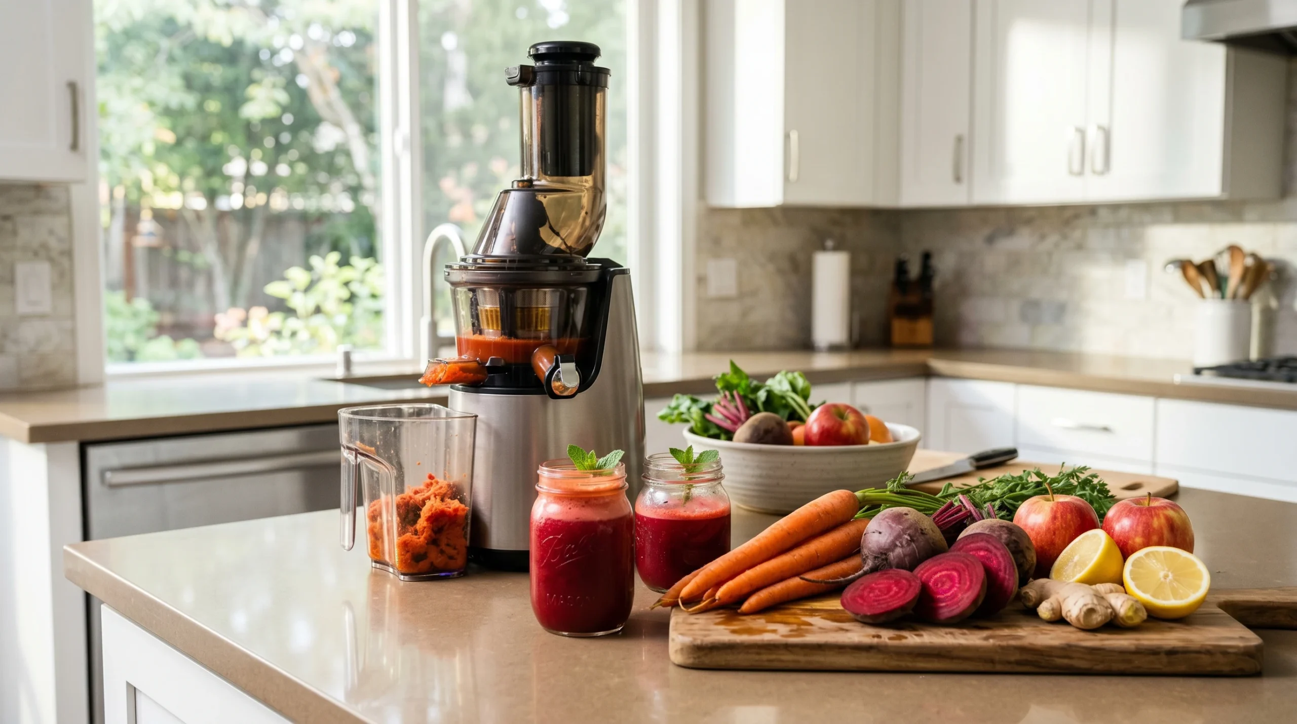 A slow juicer setup with carrots, beets, ginger, lemon, and fresh juice.