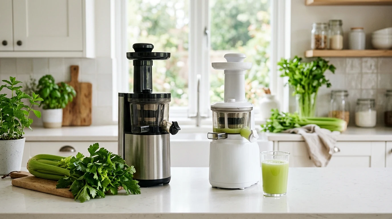 Slow juicers with celery stalks and fresh celery juice on a bright kitchen counter