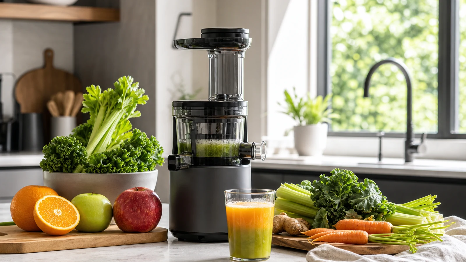Daily juicing setup with fresh citrus, greens, carrots, and clean countertop prep.