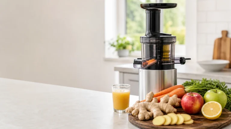 A juicer setup for ginger, carrots, apples, lemon, and fresh juice.