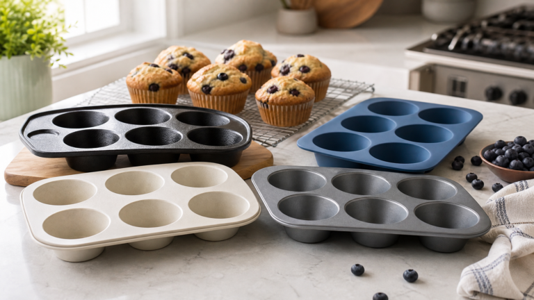 Best non-toxic muffin pans arranged on a bright kitchen counter