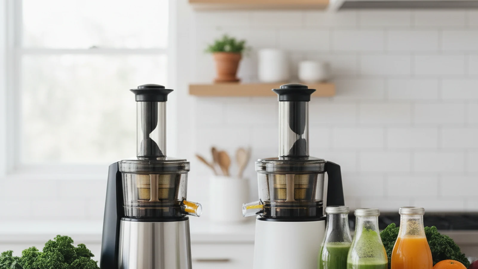 Premium cold press juicers with fresh green and citrus juices in a bright modern kitchen.