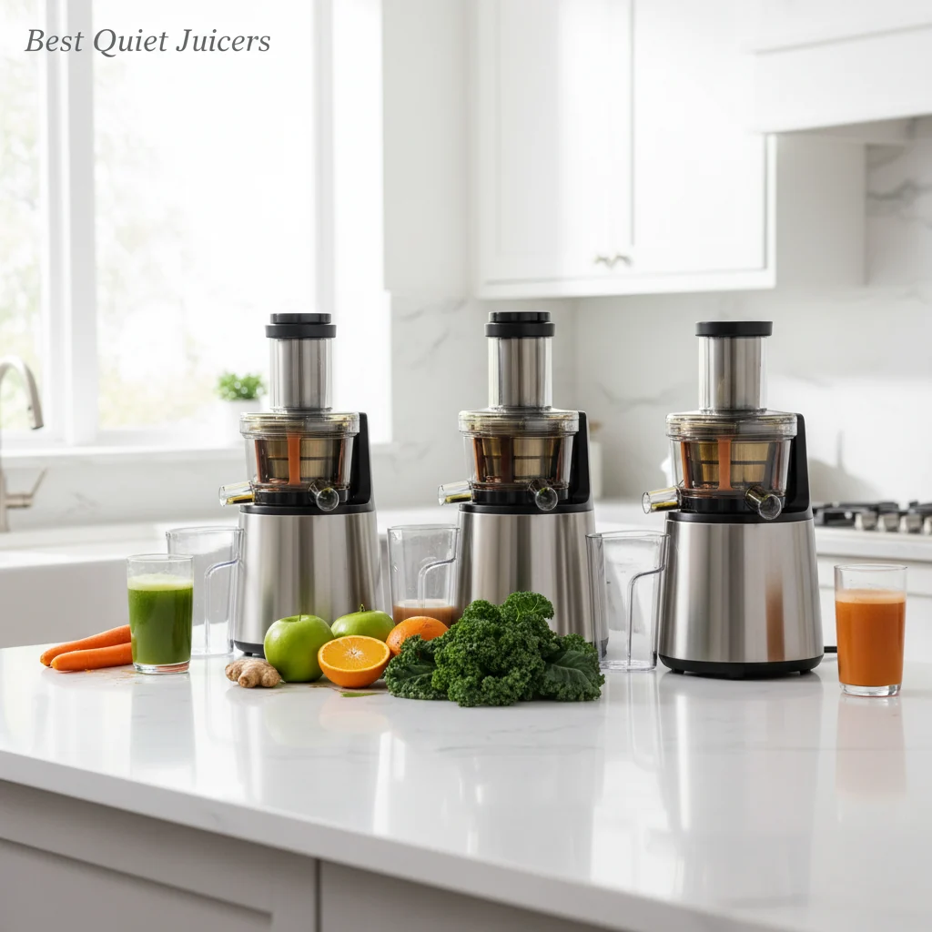 Quiet slow juicers on a bright kitchen counter with fresh produce