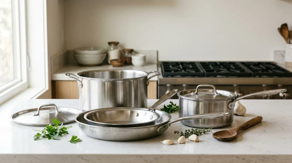 Stainless steel cookware set arranged on a bright kitchen counter