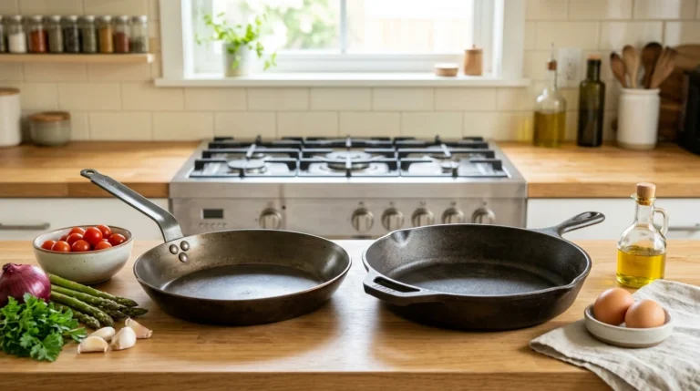 Carbon steel and cast iron skillets side by side in a bright healthy kitchen