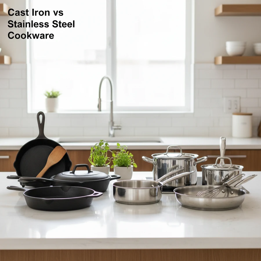 Cast iron and stainless steel cookware compared in a healthy home kitchen.