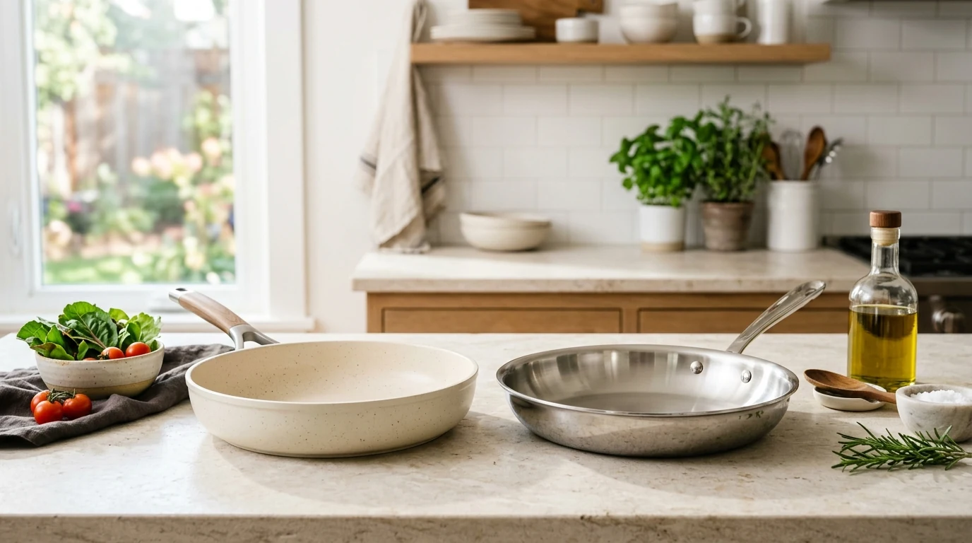 Ceramic and stainless steel cookware side by side in a healthy home kitchen.