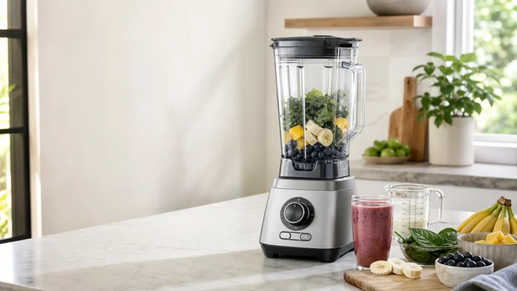 A countertop blender ready for everyday smoothie prep.