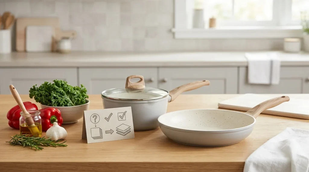 Ceramic cookware on a bright kitchen counter with a simple safety checklist