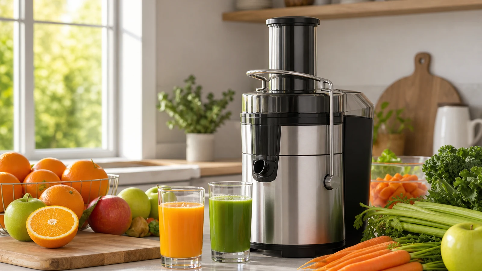 Family-size juicing setup with fresh produce and a clean kitchen counter.