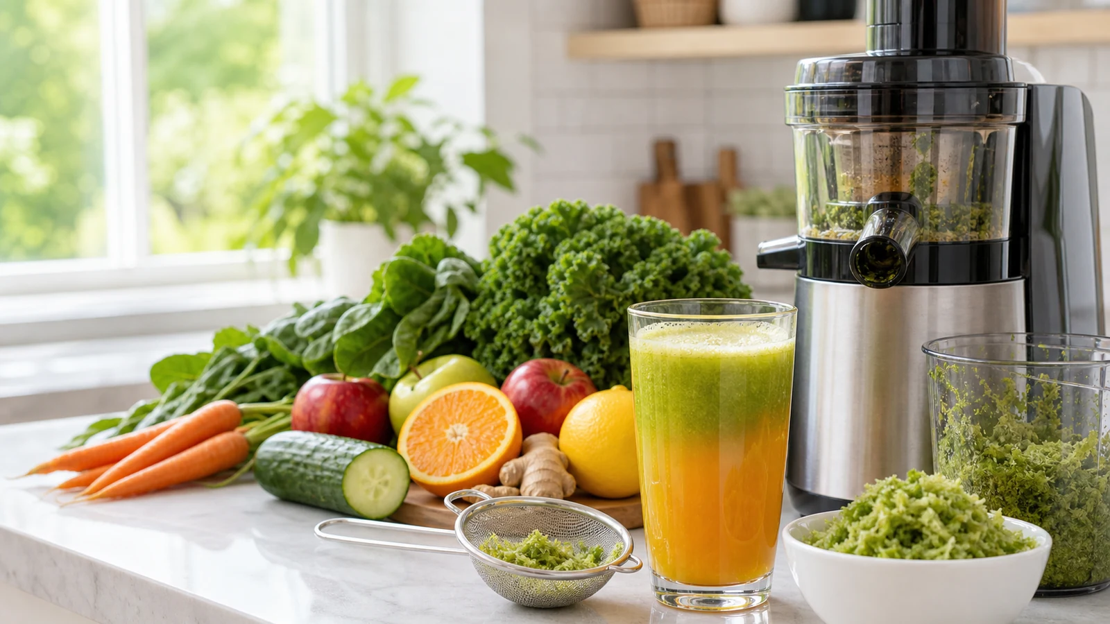 Fresh juice, whole produce, and separated pulp show how juicing changes fiber.