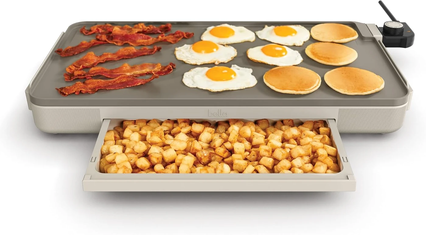 bella 12 x 22-Inch Electric Griddle with Warming Tray, Oatmilk – hosts who want an extra-large ceramic griddle plus a separate warming area for keeping cooked food ready to serve