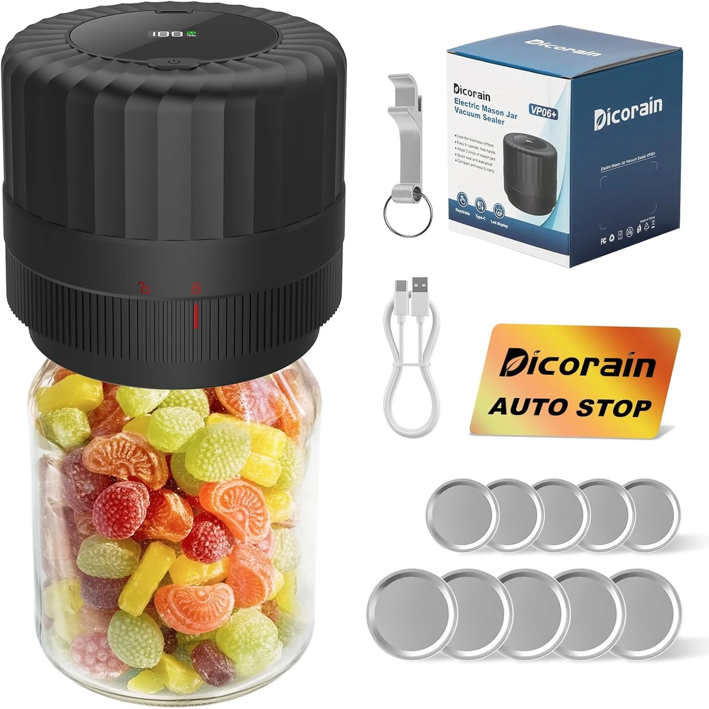 Dicorain VP06+ Electric Mason Jar Vacuum Sealer – beginners who want a compact dedicated sealer with regular- and wide-mouth adapters and included lids