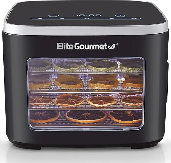 Elite Gourmet EFD809D 5-Tray Digital Food Dehydrator – smaller households testing homemade jerky in compact, manageable batches