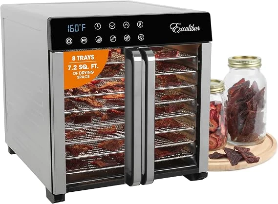 Excalibur 8-Tray Stainless Steel Food Dehydrator – serious home preservers who want a roomy cabinet dehydrator and a long timer for larger jerky runs