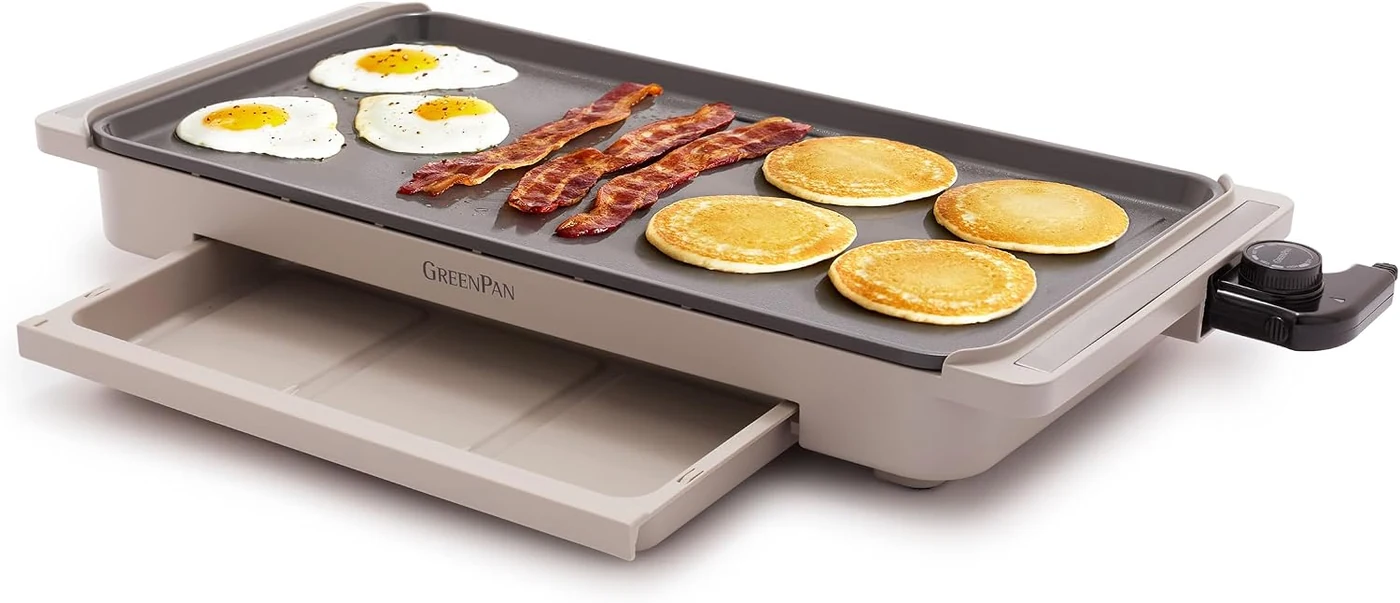 GreenPan Advanced 10.5 x 20-Inch Electric Griddle with Warming Drawer, Clay – cooks who want a premium PFAS-free ceramic griddle with a dedicated warming drawer for serving breakfast in stages
