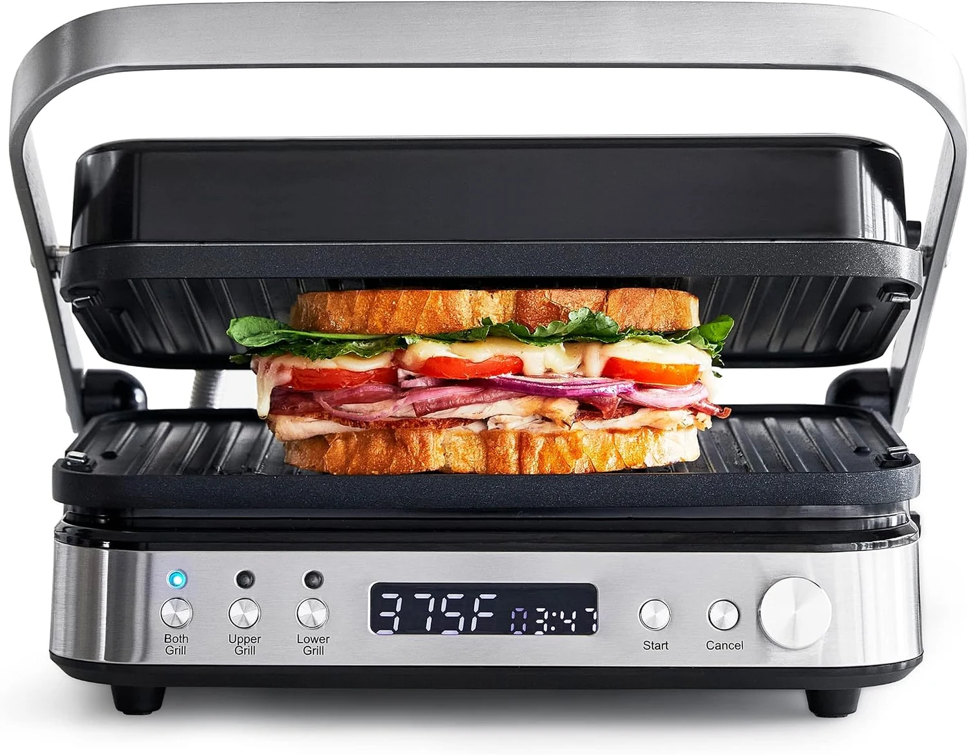 GreenPan Electric Indoor Stainless Steel 6-in-1 Contact Grill and Griddle – home cooks who want a PFAS-free ceramic contact grill that can also open flat for larger sandwich and grill batches